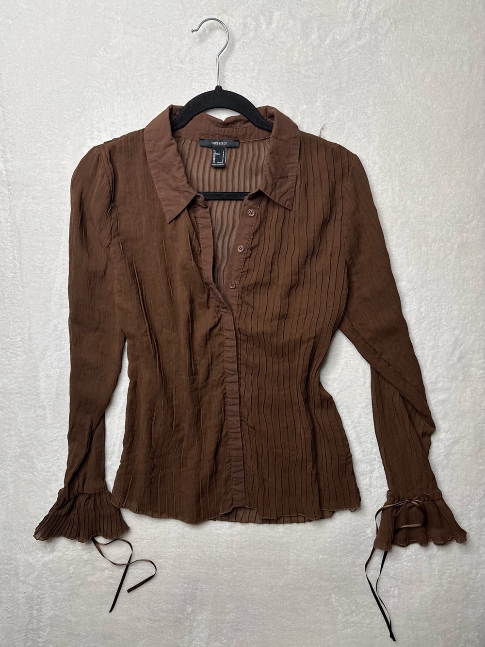 Y2k Forever 21 Brown Pleated Button-Front Long Sleeve Bell Sleeves Blouse Sz L
